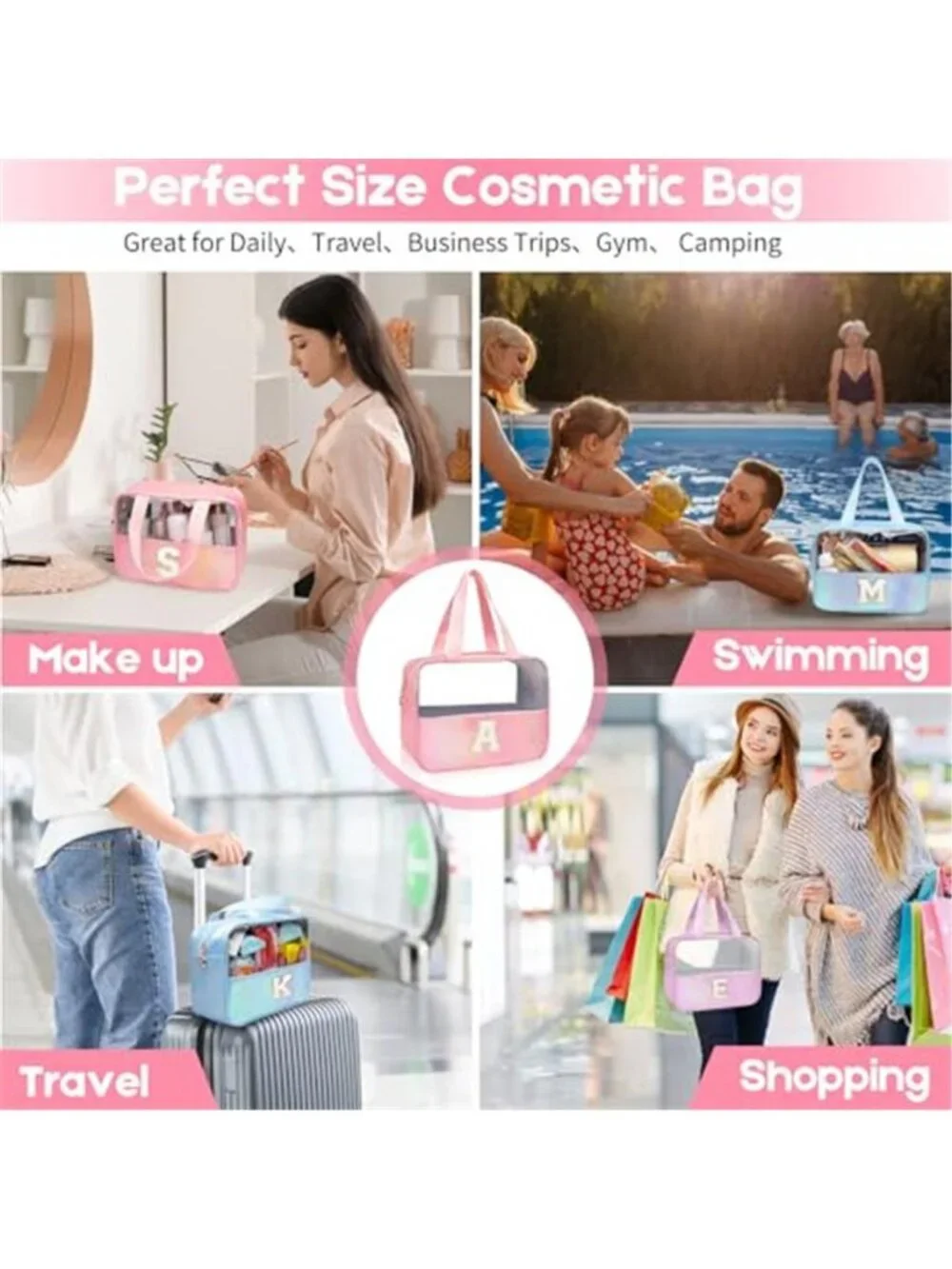 Clear Makeup Bag Pink Large Cosmetic Toiletry Organizer Initial Travel Case PVC